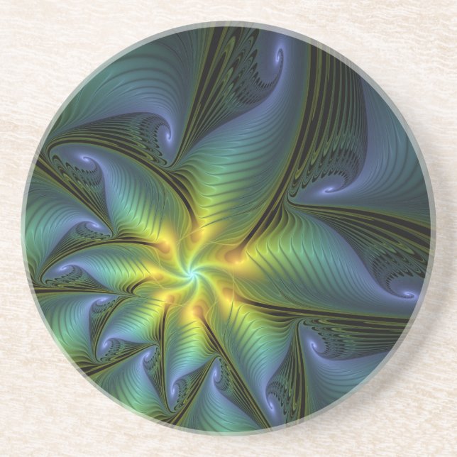 Abstract Star, Shiny Blue Green Golden Fractal Art Coaster (Front)