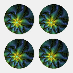 Abstract Star, Shiny Blue Green Golden Fractal Art Coaster Set