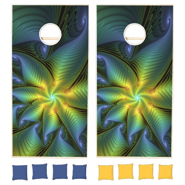 Abstract Star, Shiny Blue Green Golden Fractal Art Cornhole Set (Set)