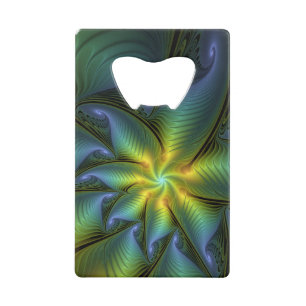 Abstract Star, Shiny Blue Green Golden Fractal Art Credit Card Bottle Opener