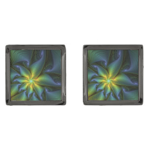 Abstract Star, Shiny Blue Green Golden Fractal Art Cufflinks