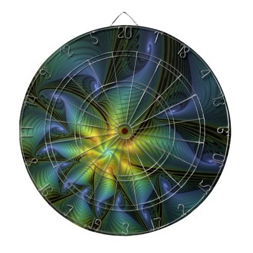 Abstract Star Shiny Blue Green Golden Fractal Art Dart Board