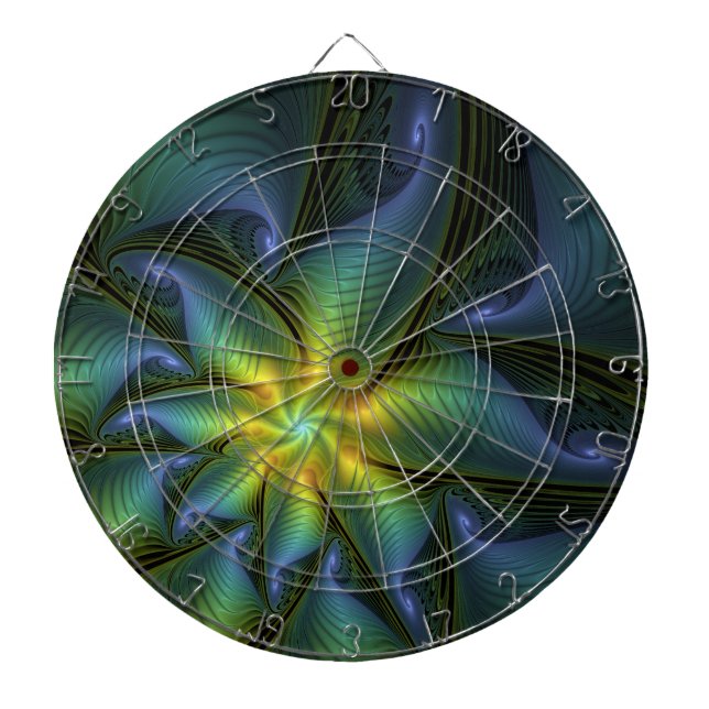 Abstract Star, Shiny Blue Green Golden Fractal Art Dart Board (Front)