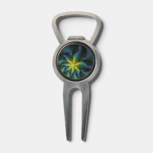 Abstract Star, Shiny Blue Green Golden Fractal Art Divot Tool