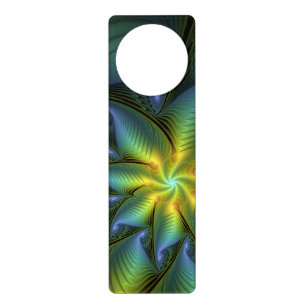 Abstract Star, Shiny Blue Green Golden Fractal Art Door Hanger