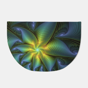 Abstract Star, Shiny Blue Green Golden Fractal Art Doormat