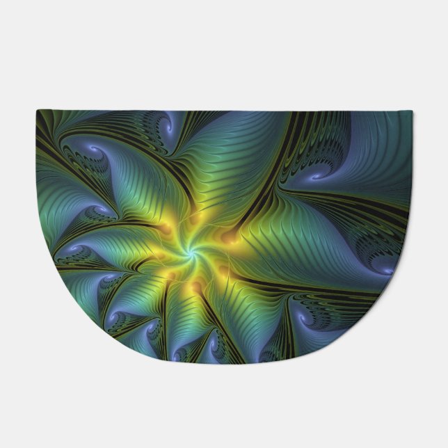 Abstract Star, Shiny Blue Green Golden Fractal Art Doormat (Front)