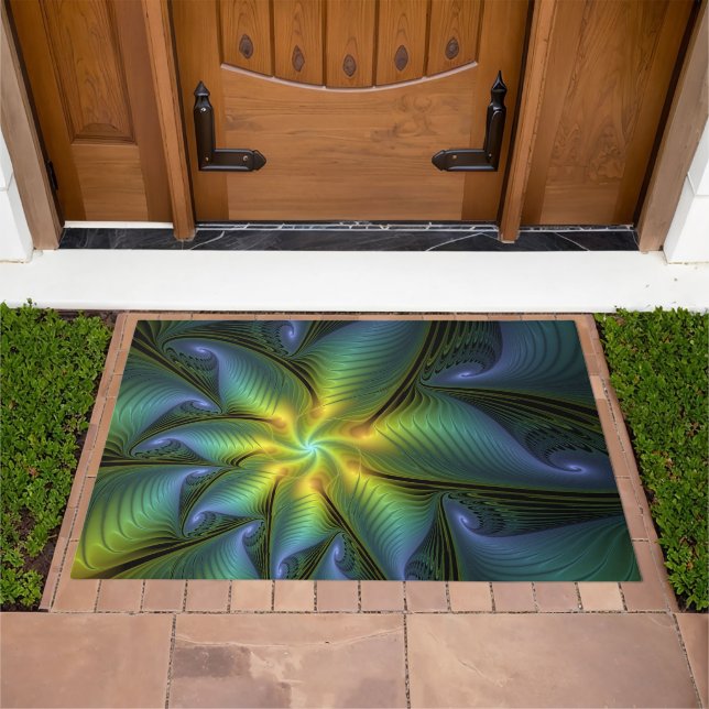 Abstract Star, Shiny Blue Green Golden Fractal Art Doormat (Outdoor)