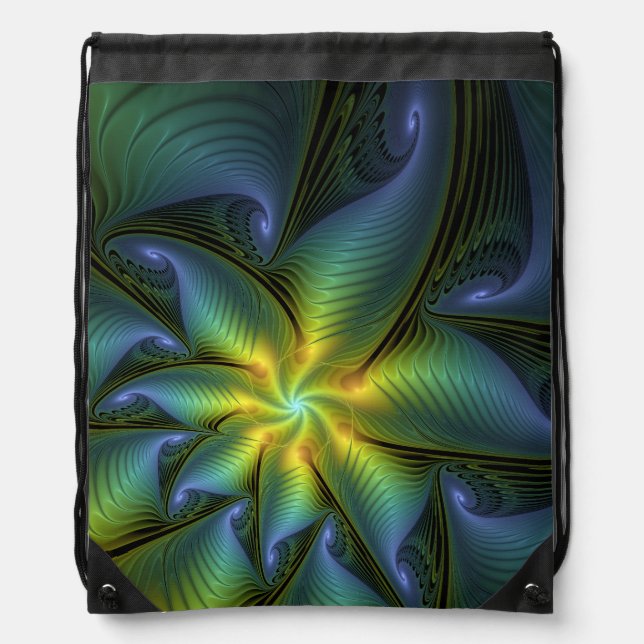 Abstract Star, Shiny Blue Green Golden Fractal Art Drawstring Bag (Front)