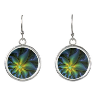 Abstract Star, Shiny Blue Green Golden Fractal Art Earrings