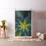 Abstract Star, Shiny Blue Green Golden Fractal Art Fabric