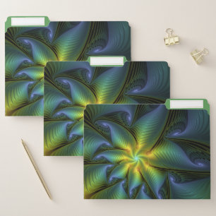 Abstract Star, Shiny Blue Green Golden Fractal Art File Folder