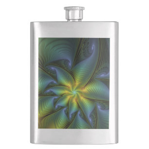Abstract Star, Shiny Blue Green Golden Fractal Art Flask