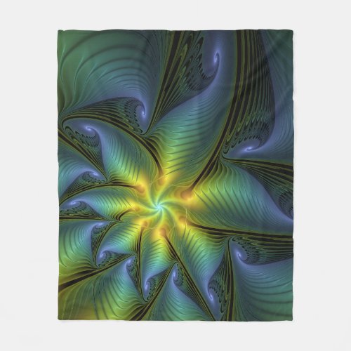 Abstract Star Shiny Blue Green Golden Fractal Art Fleece Blanket
