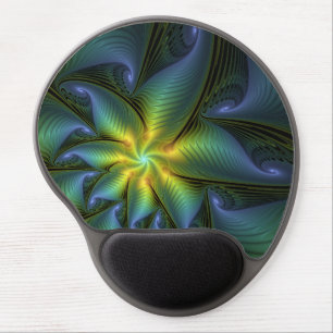 Abstract Star, Shiny Blue Green Golden Fractal Art Gel Mouse Pad
