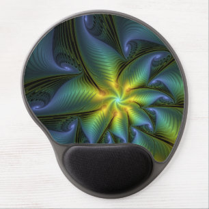 Abstract Star, Shiny Blue Green Golden Fractal Art Gel Mouse Pad
