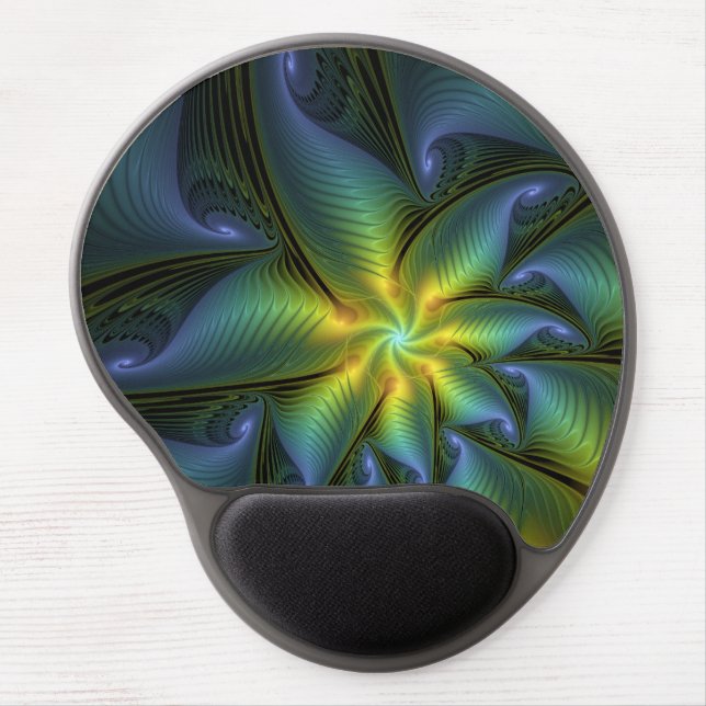Abstract Star, Shiny Blue Green Golden Fractal Art Gel Mouse Pad (Front)