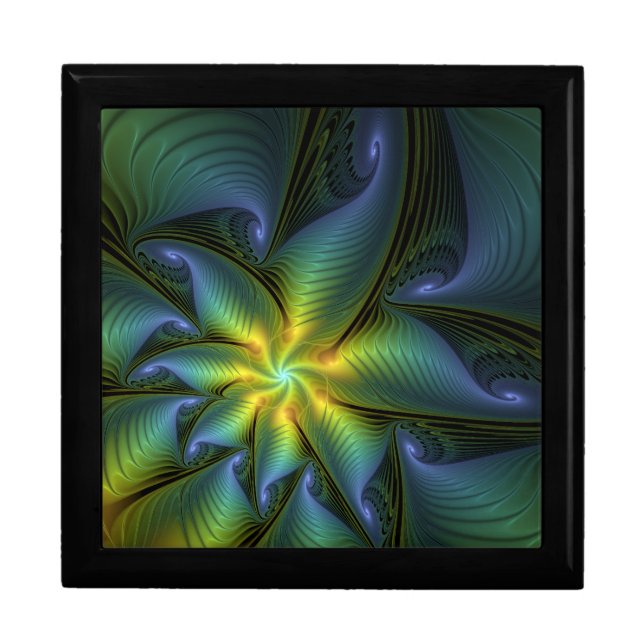 Abstract Star, Shiny Blue Green Golden Fractal Art Gift Box (Front)