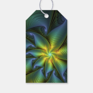 Abstract Star, Shiny Blue Green Golden Fractal Art Gift Tags