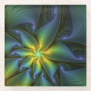 Abstract Star, Shiny Blue Green Golden Fractal Art Glass Coaster
