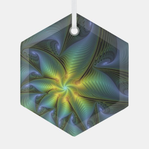 Abstract Star Shiny Blue Green Golden Fractal Art Glass Ornament