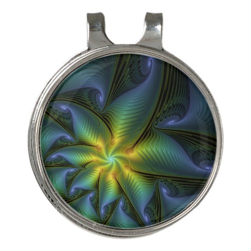 Abstract Star Shiny Blue Green Golden Fractal Art Golf Hat Clip