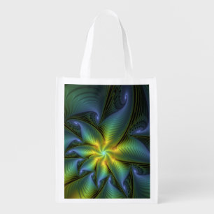 Abstract Star, Shiny Blue Green Golden Fractal Art Grocery Bag