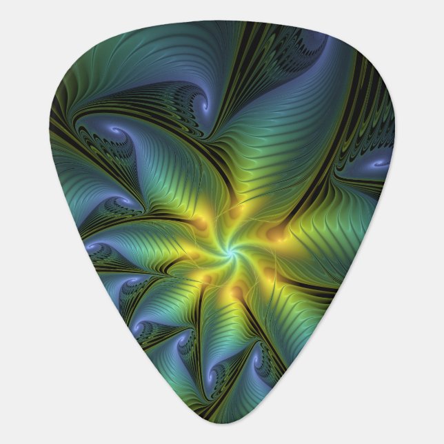 Abstract Star, Shiny Blue Green Golden Fractal Art Guitar Pick (Front)