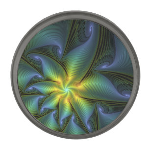 Abstract Star, Shiny Blue Green Golden Fractal Art Gunmetal Finish Lapel Pin