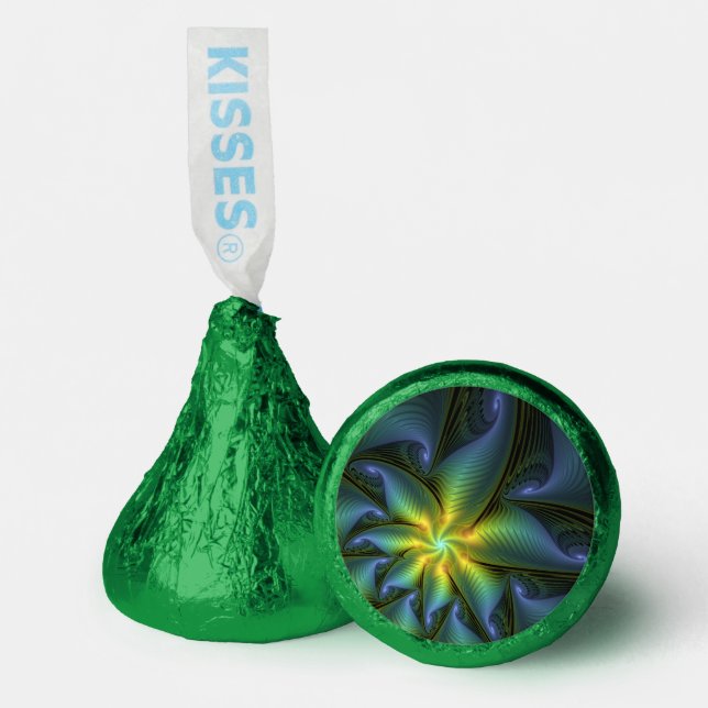Abstract Star, Shiny Blue Green Golden Fractal Art Hershey®'s Kisses® (Front)
