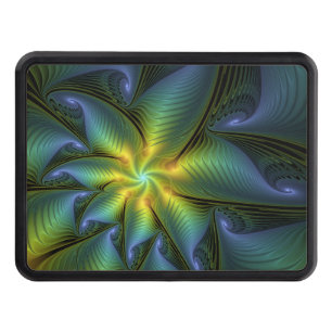 Abstract Star, Shiny Blue Green Golden Fractal Art Hitch Cover