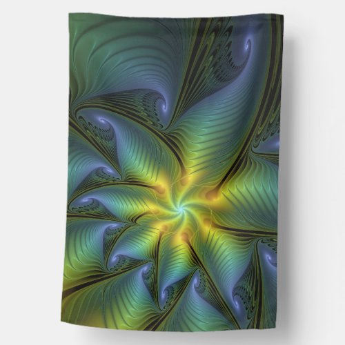 Abstract Star Shiny Blue Green Golden Fractal Art House Flag