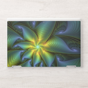 Abstract Star, Shiny Blue Green Golden Fractal Art HP Laptop Skin