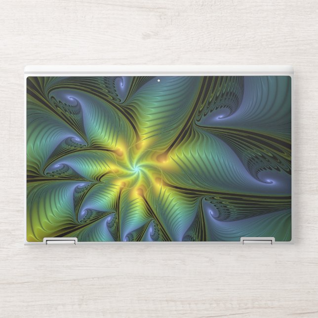 Abstract Star, Shiny Blue Green Golden Fractal Art HP Laptop Skin (Front)