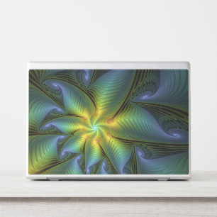 Abstract Star, Shiny Blue Green Golden Fractal Art HP Laptop Skin