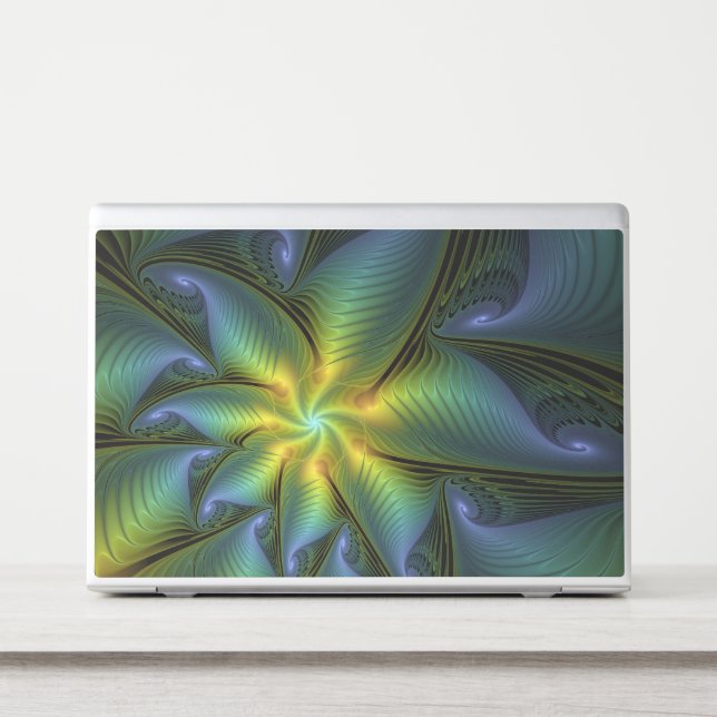 Abstract Star, Shiny Blue Green Golden Fractal Art HP Laptop Skin (Front)