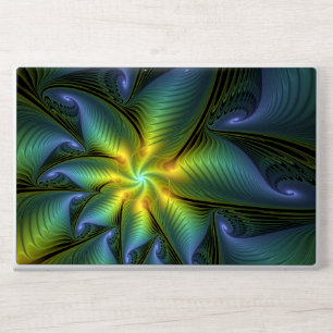 Abstract Star, Shiny Blue Green Golden Fractal Art HP Laptop Skin
