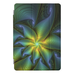 Abstract Star, Shiny Blue Green Golden Fractal Art iPad Pro Cover