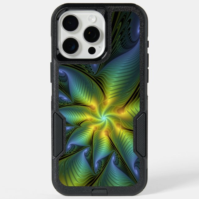 Abstract Star, Shiny Blue Green Golden Fractal Art iPhone 15 Pro Max Case (Back)