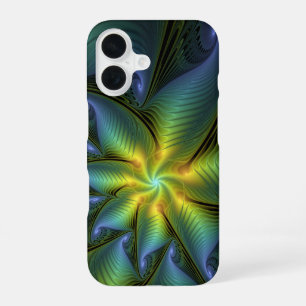Abstract Star, Shiny Blue Green Golden Fractal Art iPhone 16 Case