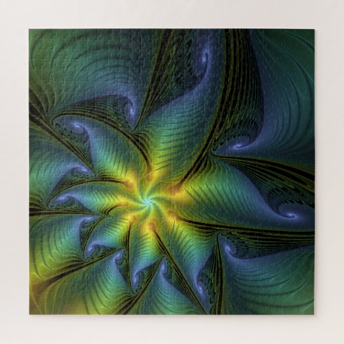 Abstract Star Shiny Blue Green Golden Fractal Art Jigsaw Puzzle