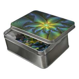 Abstract Star, Shiny Blue Green Golden Fractal Art Jigsaw Puzzle