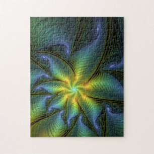 Abstract Star, Shiny Blue Green Golden Fractal Art Jigsaw Puzzle