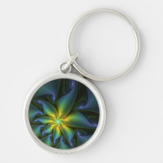 Abstract Star, Shiny Blue Green Golden Fractal Art Keychain