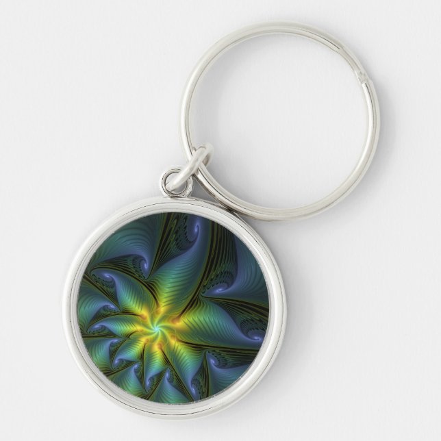 Abstract Star, Shiny Blue Green Golden Fractal Art Keychain (Front)