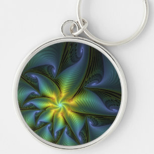Abstract Star, Shiny Blue Green Golden Fractal Art Keychain