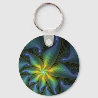 Abstract Star, Shiny Blue Green Golden Fractal Art Keychain