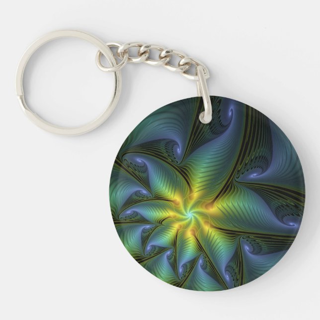 Abstract Star, Shiny Blue Green Golden Fractal Art Keychain (Front)