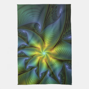Abstract Star, Shiny Blue Green Golden Fractal Art Kitchen Towel