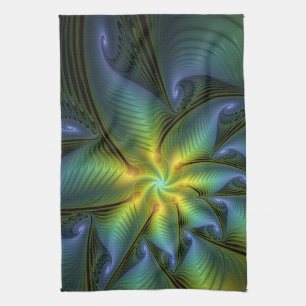 Abstract Star, Shiny Blue Green Golden Fractal Art Kitchen Towel